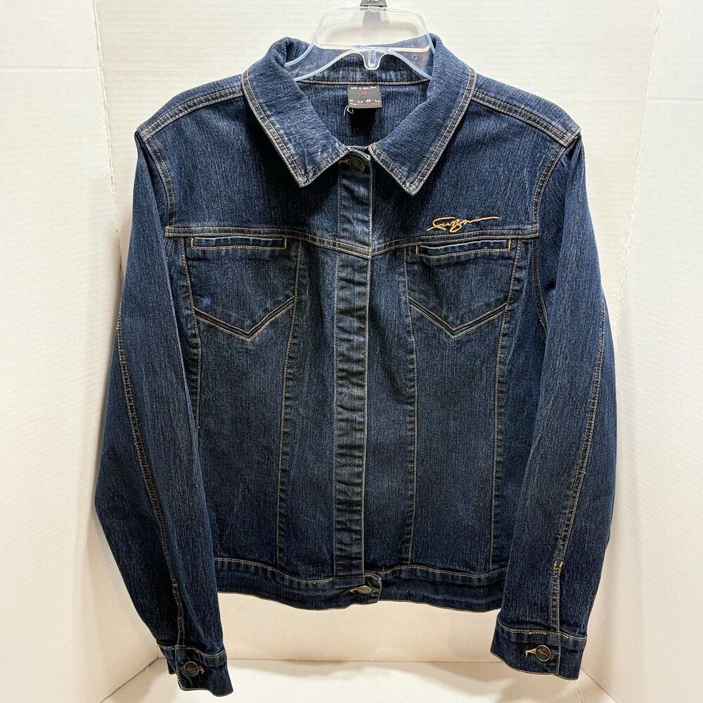 FUBU Denim Jacket Womens 2X Blue Indigo Jean Y2K Chic Urban Trucker Streetwear